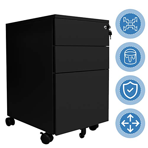 Hengda Gabinete de Archivos Móvil Negro Armario Archivador Móvil con Cerradura,Ruedas 3 Cajones Fácil de Montar para Oficina o Hogar 65x39x50cm