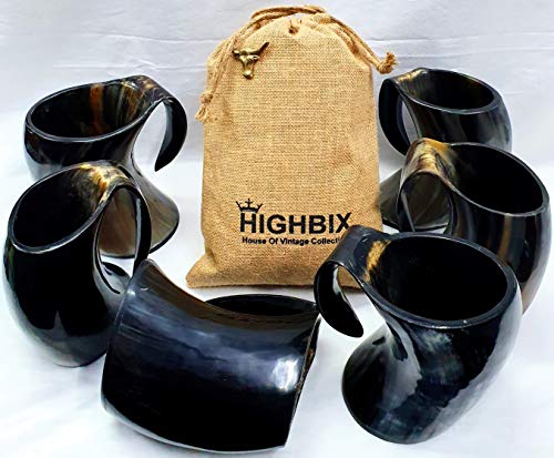 HIGHBIX Juego de 6 tazas de cuerno vikingo, hechas a mano, para Mead, Ale y Cerveza – Original taza medieval de 591 ml con bolsa de yute clásica