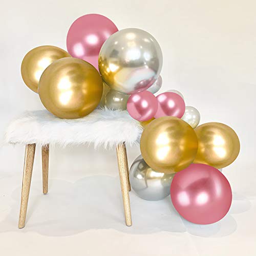 HiQuaty Globos de Rosa Plateados Dorado, 50 Piezas Globos de Cromo Metálico de 12 pulgadass para la Decoración de la Fiesta de Cumpleaños de la Boda