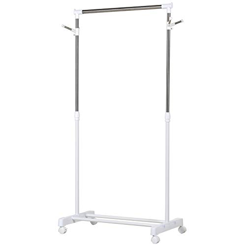 HOMCOM Estante de Ropa Perchero Estándar de Barra Altura Ajustable Portátil con Estante Inferior sobre Ruedas Tubería de Acero 68,5x42x87-145 cm Blanco Plata