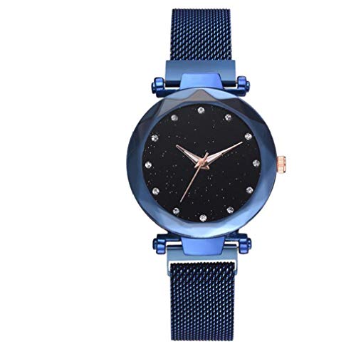 HotadenWomen Relojes analógicos de Cuarzo con Diamantes de imitación de Metal Brazalete del Reloj de Pulsera Cielo Estrellado Dial Diamante simulado Relojes de Pulsera - Azul