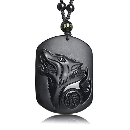 Htulip Collar Obsidiana con Colgante de Tótem de Lobo Amuleto Colgante Collar para Hombres Mujeres