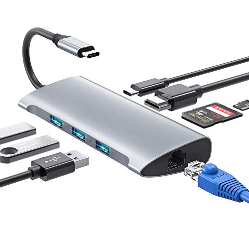 Hub USB C, Adaptador 8 en 1 USB Tipo C con 4K HDMI RJ45, 3 Puertos USB3.0, Lector de Tarjetas SD/TF Puerto de Suministro energía USB C Adaptador Compatible para Macbook Pro/Air, Samsung, Huawei