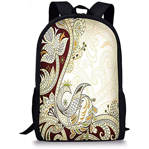 Hui-Shop Mochilas Escolares étnicas, patrón de Hojas Florales orientales con diseño de Efectos del Medio Oriente, marrón castaño Crema, Verde Lima