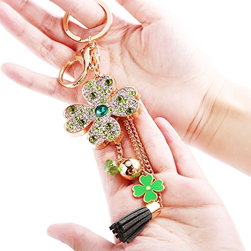 Hztyyier Trébol de Cuatro Hojas Afortunado con Llavero de Borla Llavero del Coche Cristal Rhinestone Mujeres Monedero Colgante Bolso Encanto, Regalos de Buena Suerte(Verde)