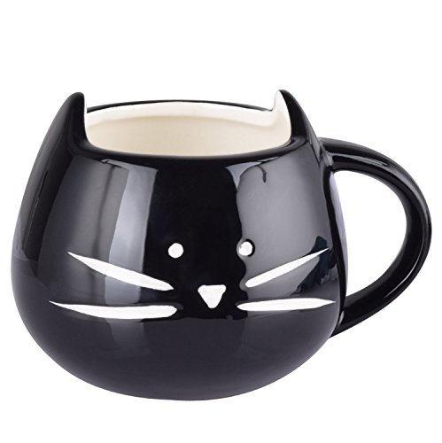 Itian Taza de Porcelana de Animales Gato Hermoso, Lindo Tazón de Cerámica, Café/Té/Leche/Agua (Negro)