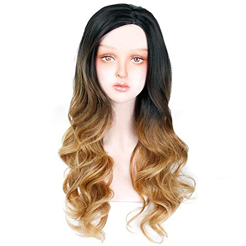 JessLab Ombre Peluca, Naturales Sintética Larga Ombre Peluca 2 Tonos Parte Lateral Negra a Marrón Peluca Ondulada Resistente al Calor Extensiones de Cabello Pelucas para Muchacha Mujeres, 66 cm