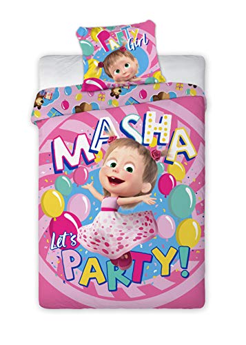 Juego de Cama Masha y Oso Let's Party Girl Funda nórdica y Funda de Almohada de algodón 140 x 200cm + Funda de Almohada 70 x 90cm Masha Bear