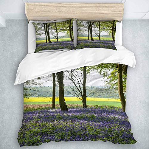 Juego de Funda nórdica de 3 Piezas, decoración de Bosque, campanillas en Wepham Woods, Flores Silvestres, Primavera, Ambiente Rural, colección de Ropa de Cama para Adolescentes y niños