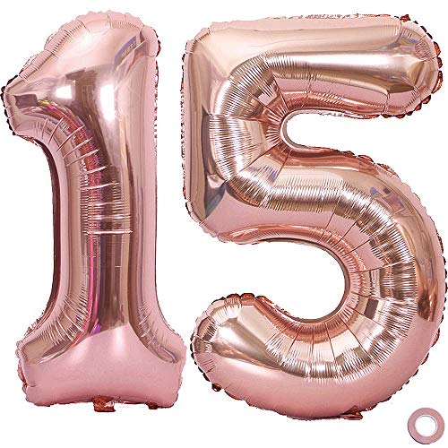 Juland Número de Globos de Oro Rosa Globo de cumpleaños de Hoja Gigante XXL Globos Grandes de Mylar de la Hoja Número de Globos de 40 Pulgadas Jumbo para Decoraciones de Fiesta de cumpleaños - 15