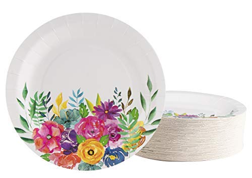 Juvale Platos de papel con diseño floral, paquete de 80 platos de flores desechables de 22,9 cm, suministros de fiesta de despedida de soltera, platos redondos para aperitivos, almuerzo, postre