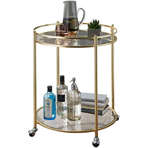 KADIMA DESIGN Semaj Gold - Camarera de diseño moderno, 57 cm de diámetro, mesa auxiliar de metal con ruedas, carro de cocina con placas de cristal, redonda, 75 cm de alto, carrito de cocina con ruedas