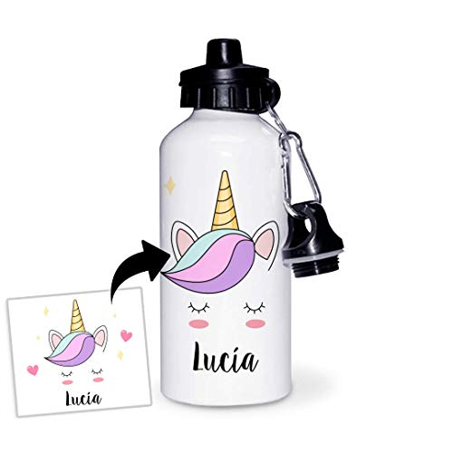 Kadoo Regalos Botella de Aluminio Personalizada Infantil Cara Unicornio con Nombre (400ml)