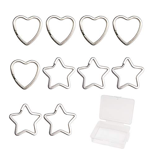 KIMI-HOSI 10 Piezas Llavero Forma de Estrella y Corazón Llavero Plano Metal Anillo de Llavero Acero Inoxidable para Colgar Llaves Colgantes Muñecos Mullidos Etiquetas Manualidades - Plateada