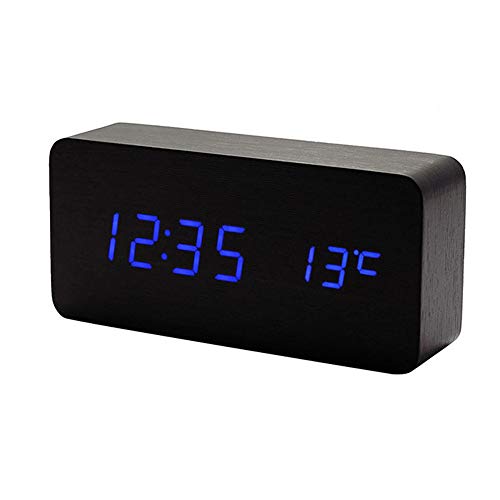 Lancoon Reloj Digital De Madera - Reloj Despertador Multifunción con Visualización De La Hora/Fecha/Temperatura Y Control De Voz para El Viaje A La Oficina En El Hogar - AC11Black_Blue