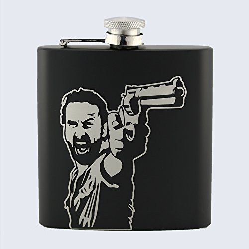 LASERMADE Petaca Rick Grimes, Inspirada en The Walking Dead, Acero Inoxidable, Color Negro, 170 ml