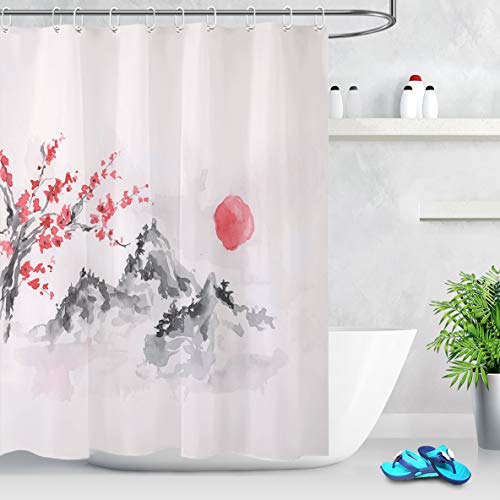 LB Pintura China de la Tinta Cortinas de Baño 150X180CM Flores Rojas,Sol,árbol y montaña Cortina de Ducha con Ganchos,Impermeable Antimoho Poliéster Cortina de Baño