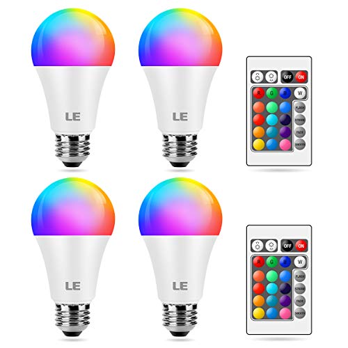 LE Bombilla LED RGBW E27, bombilla Regulable de 9W，806 Lumen Control Remoto, Lámpara LED RGB, Ángulo de Haz 220°, Bombilla Colores Blanco Cálido 2700 K (paquete de 4)