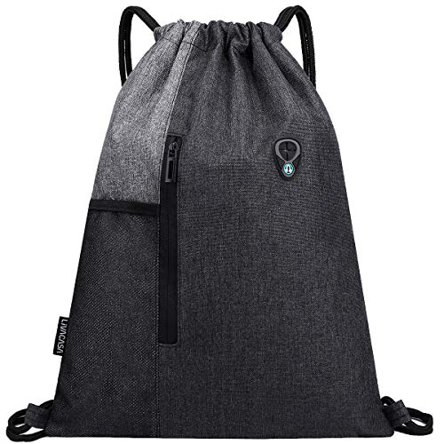 LIVACASA Mochilas de Cuerdas Mujer Hombre Toma USB para Auriculares con Bolsillos Mallas para Botellas Tela Oxford Bolsa de Cuerdas Mochilas Impermeables Yoga Gimnasio Deportes Gris Claro 43 * 33cm