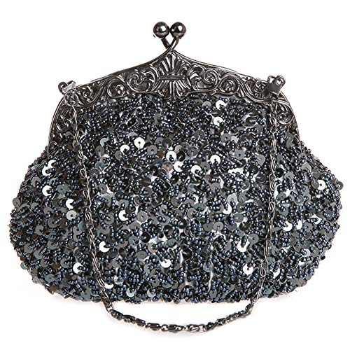 LIXILI Lentejuelas Brillantes Bolso y embragues de Noche con Cuentas para Mujeres, Bolso de Billetera de Fiesta de Cocktail de Boda Vintage,Gris