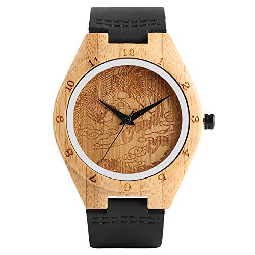 LOOIUEX Reloj de Madera Reloj de Madera clásico Flying Chinese Pheonix Escultura Símbolo auspicioso Reloj de Pulsera único para Hombres y Mujeres Reloj saat, Negro