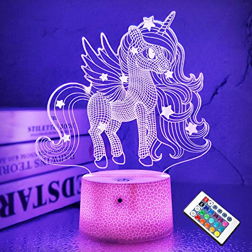 Luces de unicornio 3D Lámpara de ilusión de hadas 16 colores y control remoto Escritorio de luz LED óptico Mesa táctil LED Iluminación de cabecera Regalos Juguetes Juguetes Niñas Niños para cumpleaños