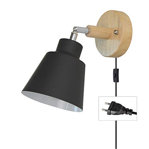MBWLKJ Lámpara de pared con cable para enchufe, color negro, E27, de madera, con interruptor, moderna lámpara de lectura, lámpara de pared, foco interior con interruptor, para salón o dormitorio
