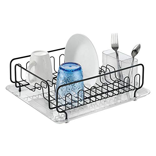 mDesign Escurridor de platos en acero inoxidable - Escurreplatos plástico con cubertero - Elegante escurrecubiertos para vajilla con bandeja recolectora - Hasta 15 platos + cubiertos