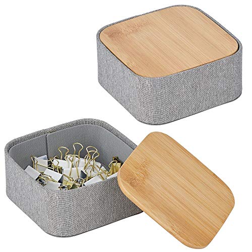 mDesign Juego de 2 cajas de almacenaje – Organizador apilable de fibra sintética para cocina, baño, oficina, armarios, etc. – Caja con tapa de bambú para guardar maquillaje o juguetes – gris y natural