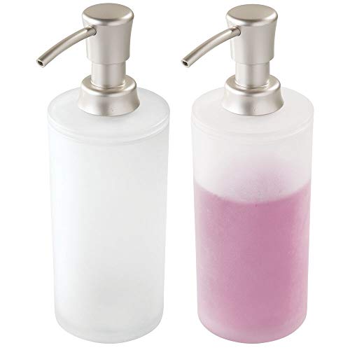 mDesign Juego de 2 dispensadores de jabón recargables – Dosificadores para jabón de plástico – Dosificador de baño o cocina para lavavajillas, lociones o aceites – blanco mate y plateado mate