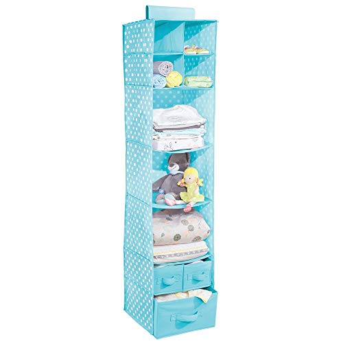 mDesign Organizador colgante con 7 estantes y 3 cajones – Armario perchero de tela con estampado de lunares – Colgador para zapatos ideal para el dormitorio infantil – azul turquesa con puntos blancos