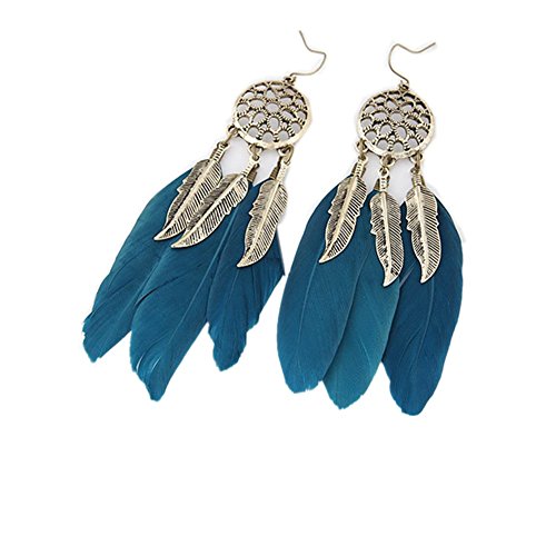 Meigold Pendientes pompón Pluma Mujer Bohemia Estilo étnico Pendientes de Colgante Boda Joyas de Regalos de cumpleaños, Azul, 10 x 2cm