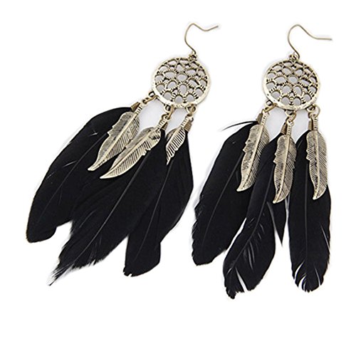 Meigold Pendientes pompón Pluma Mujer Bohemia Estilo étnico Pendientes de Colgante Boda Joyas de Regalos de cumpleaños, Negro, 10 x 2cm