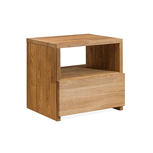 Mesa Auxiliar Denmark 1 con 1 Cajon, Mesilla de Madera Maciza Roble, Mesita de Noche Moderna para Salon o Cama, Estilo Nordico Diseno Original 40 x 33 x 37 cm.