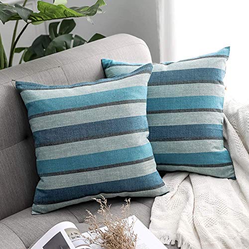 MIULEE 2 Piezas de Funda de Cojines a Rayas de Colores Lino Algodón Duradero Funda de Almohada Cuadrada Decorativa para Hogar Sofá Cama Silla Dormitorio Habitacion Juvenil 60x60cm Azul