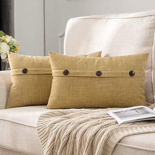 MIULEE 2 Piezas Funda de Cojines con 3 Botones Funda de Almohada de Lino Cruzado Estilo de Casa Rural Adorno de Botón Decoración de Cojín para Sofá Cama Hogar Habitacíon 30x50cm Amarillo Crema