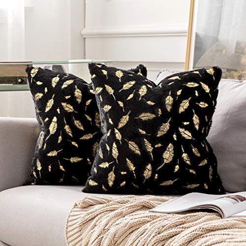 MIULEE Funda de Cojine Estampado de Plumas Doradas Funda de Almohada Sofá Throw Cojín Decoración Almohada Caso de la Cubierta Decorativo para Sala de Estar 45x45cm 2 Piezas Negro