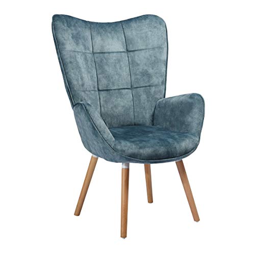 Mueble Cosy - Sillón Grande de Estilo escandinavo con un Revestimiento de Tela Azul, reposabrazos Acolchados y Patas de Madera Maciza (Haya).