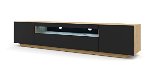 Mueble de TV Lowboard 200 cm TV mesa cómoda mesa mesa de TV cómoda Hi-Fi mesa roble Artisan negro frontal independiente armario (Artisan con iluminación azul)