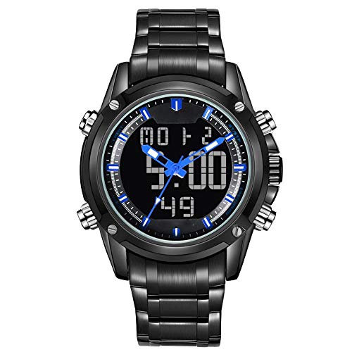 Multifunctional Watch Men's Double Display Watch Waterproof Night Light Watch Outdoor Sports Watch, Black and Blue