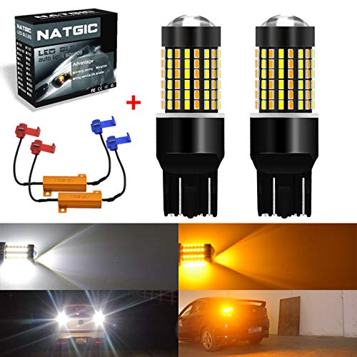 NATGIC 7443 7444NA 992 Bombillas Led 3014 120 - Bombillas LED SMD de color dual Blanco/Ámbar Canbus Luz de señal de giro sin error con 50W 8ohm de resistencia de carga