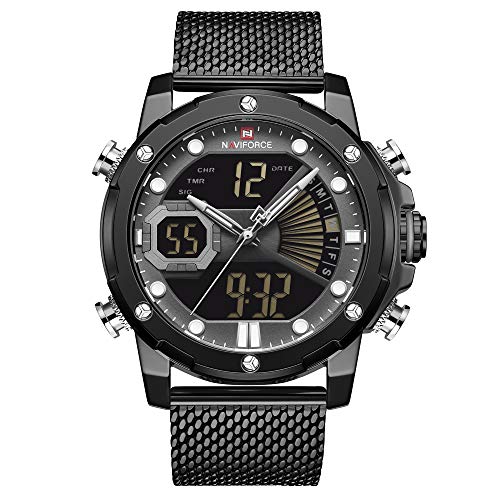 NAVIFORCE Reloj De Pulsera Digital Analógico De Acero Inoxidable para Hombres Reloj Despertador Cronógrafo Temporizador Pantalla De Hora Dual NF9172 (Negro)