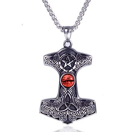 NICEWL Vikingo Mjolnir Thor's Hammer Demon Eye Colgante Collar para Hombres, Hecho A Mano de Acero Inoxidable Irlanda Nudo Pagano Amuleto Religioso Joyas,Rojo