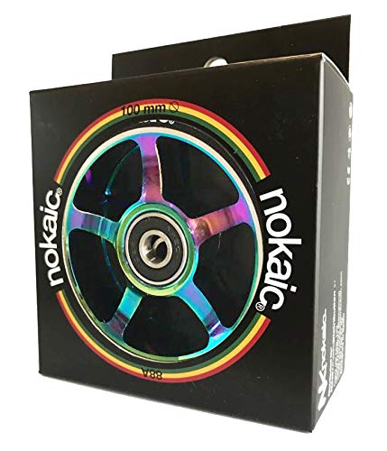 NOKAIC Pack de 2 Ruedas 100 mm para Patinetes Scooters Freestyle, Goma Negra, Núcleo Aluminio Color (Rainbow)