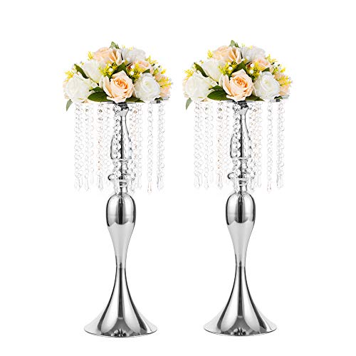 Nuptio 2 Piezas Centros Mesa Plata para Bodas, Jarrón Cristal 54cm Alto para Flores, Soporte Arreglo Floral Metal Versátil, Jarrones Flores para Fiestas Eventos Comedor Decoración Sala Estar