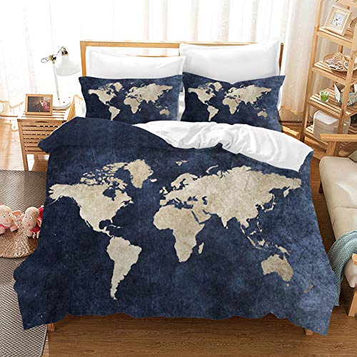 NYLIN Fundas Nórdicas Mapa del Mundo Juego De Ropa De Cama Diseño Continental Pais Colcha 2/3/4PCS Fundas De Edredón Nórdico/Almohada/Sábanas,para Cama 90/135/150/180 (140×210cm-Cama 80/90-3PCS,07)