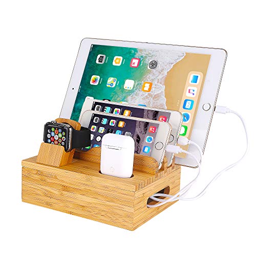 Organizador de escritorio de madera de bambú para estación de carga, soporte para cargador compatible con iPhone 11 Pro Max XS XR X iPad 4 Mini Air Pro Apple Watch 2 3 4 / iWatch AirPods Smartphones