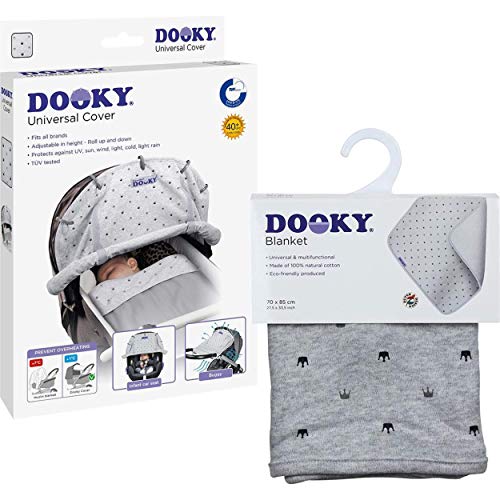 Original Dooky Combi Pack Cover & Manta en Silver Stars Diseño Universal Protección solar, Juego de protección contra la intemperie para portabebés, blanco Blanco