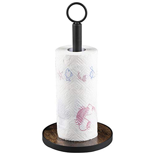 OROPY Rústico Soporte de Toalla de Papel de Cocina, Soporte de Rollos de Papel de Pie para Cocina, Inodoro, Hecho de Bandeja Redonda de Madera con Tubo de Hierro, 18x18x36 cm, Marrón Rústico