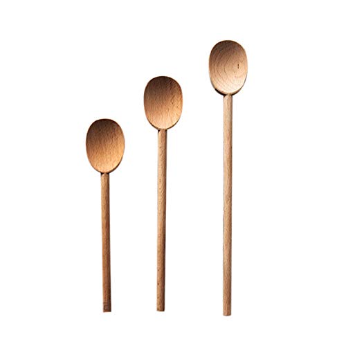 OUMIFA Cuchara 2 unids/Set Beech Wood Single Head Cena de Ensalada de Madera Grande Sirviendo la Cuchara de Mezcla Cuchara Larga Sopa Spoons Cutlery Set Cucharaditas (Color : M)